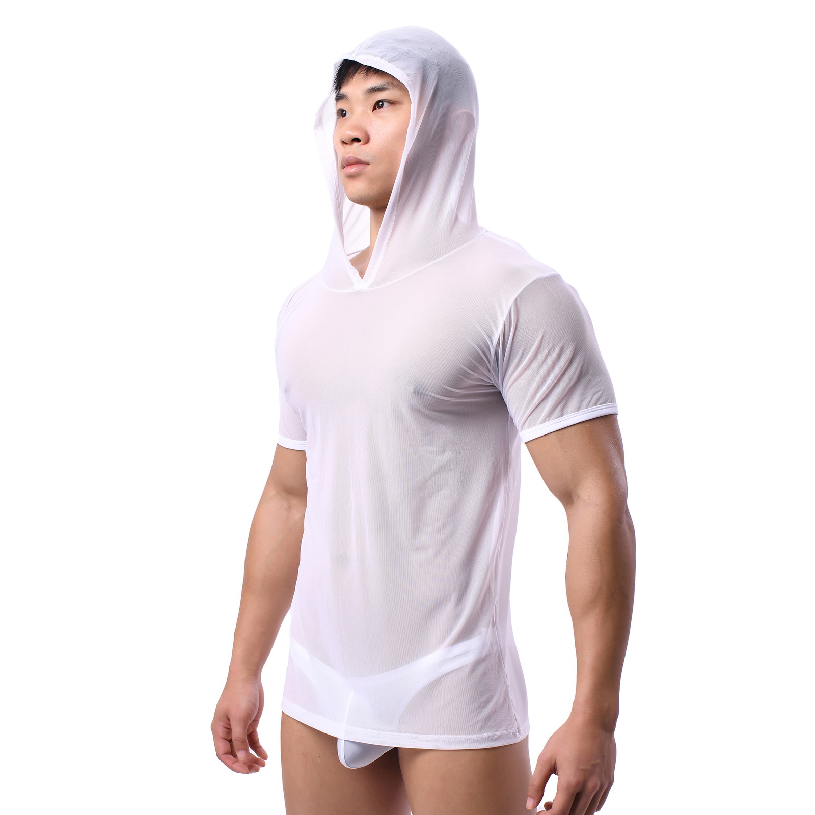 Mens See-through Mesh Hooded T-Shirts Short Sleeve Loose Fit Breathable Gym Tops gallery