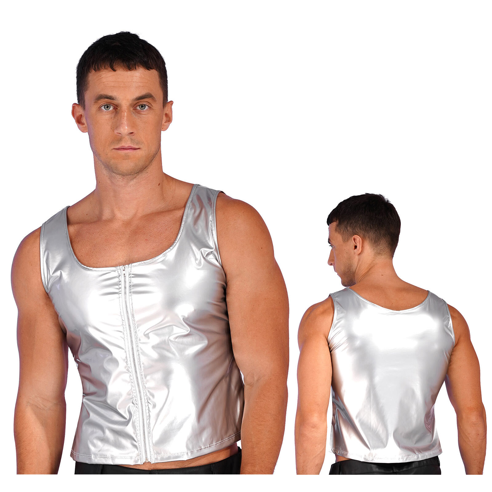 Mens Tops Sexy Tank Vest Pvc Leather Shirts Dancing Costume Performance Shiny