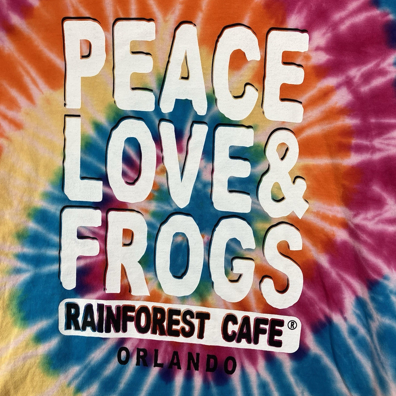 VTG Rainforest Cafe Size XL Peace Love & Frogs Tie Dye Short Sleeve T Shirt gallery