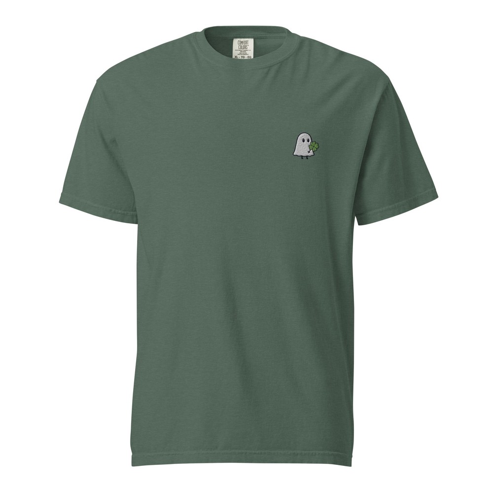 Cute Ghost Embroidered T-Shirt with Lucky Clover | Comfort Colors