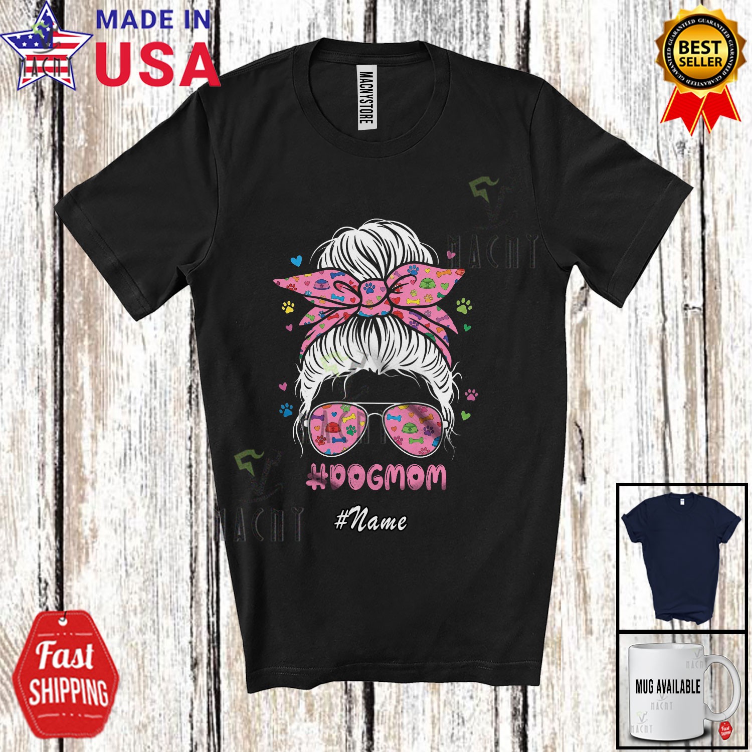 Custom Name Puppy Mom; Amazing Mother’s Day Messy Bun Hair Dog Owner T-Shirt