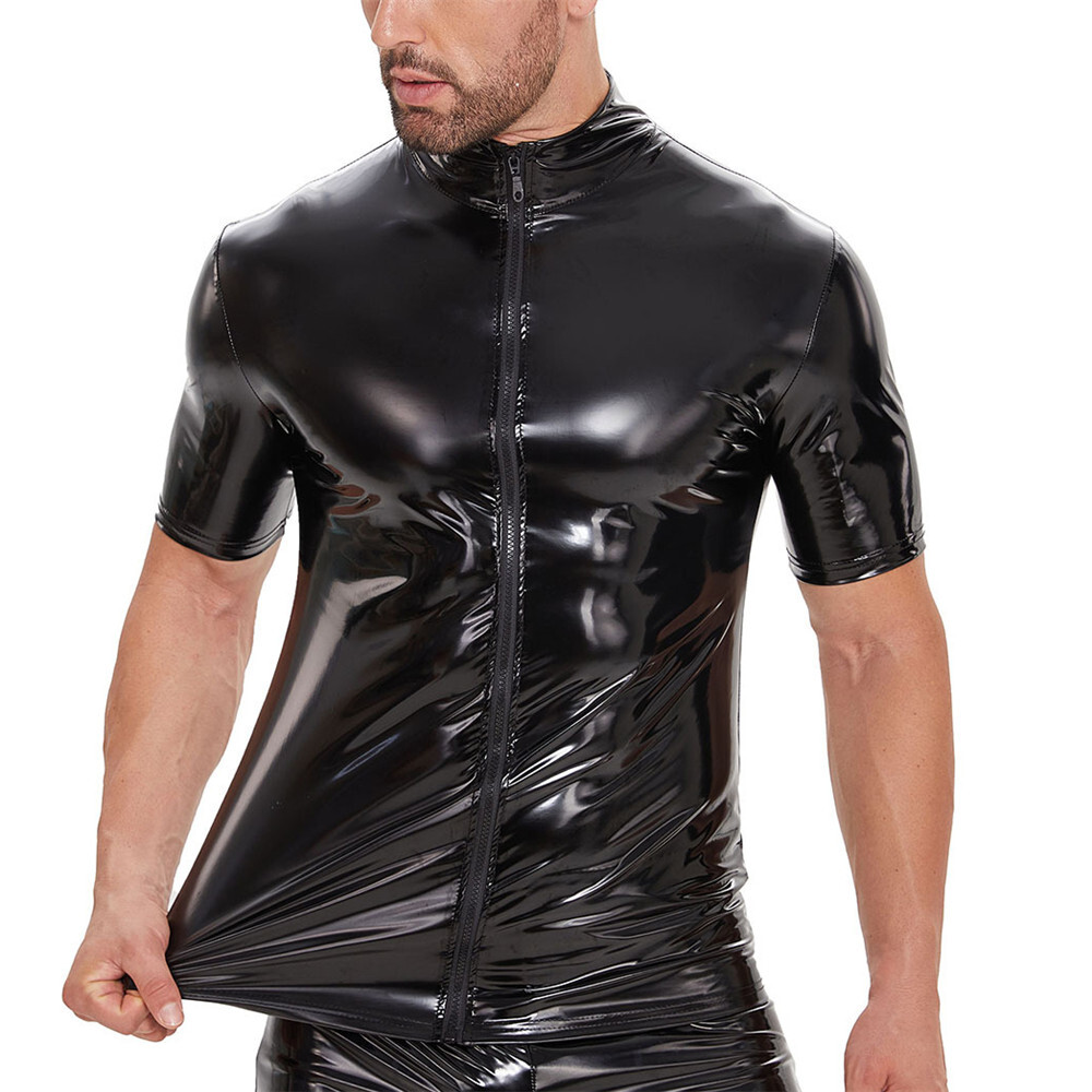 Mens Slim Shiny PVC Leather Shirts Short Sleeve Zipper T-Shirts Latex Club Tops gallery