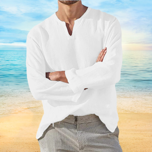 Men's Shirt Long Sleeve Cotton Linen T-shirt V-Neck Solid Breathable Casual NEW gallery