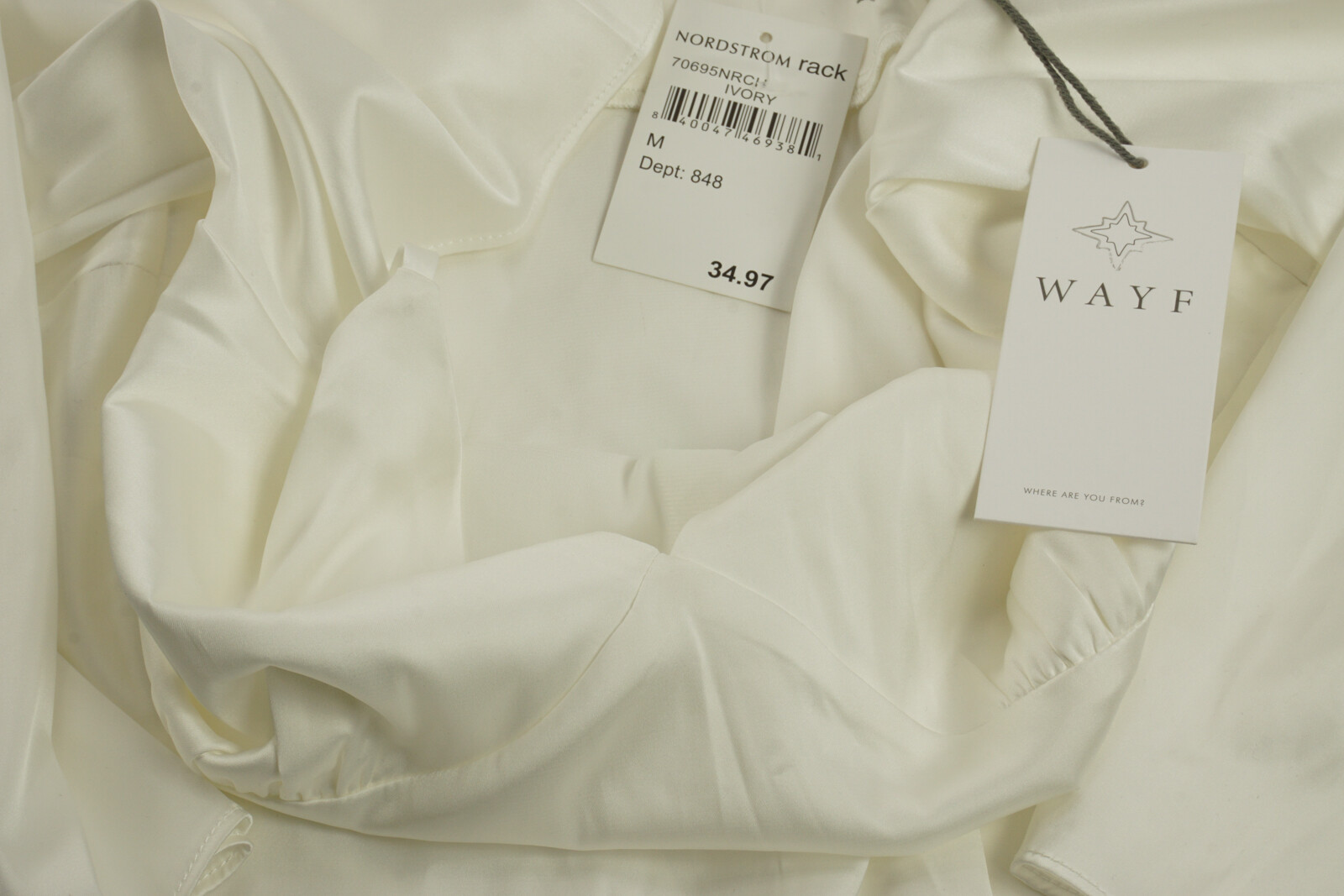New WAYF Women Size M Ivory Satin Cold Shoulder Long Sleeve Spaghetti V-Neck Top gallery