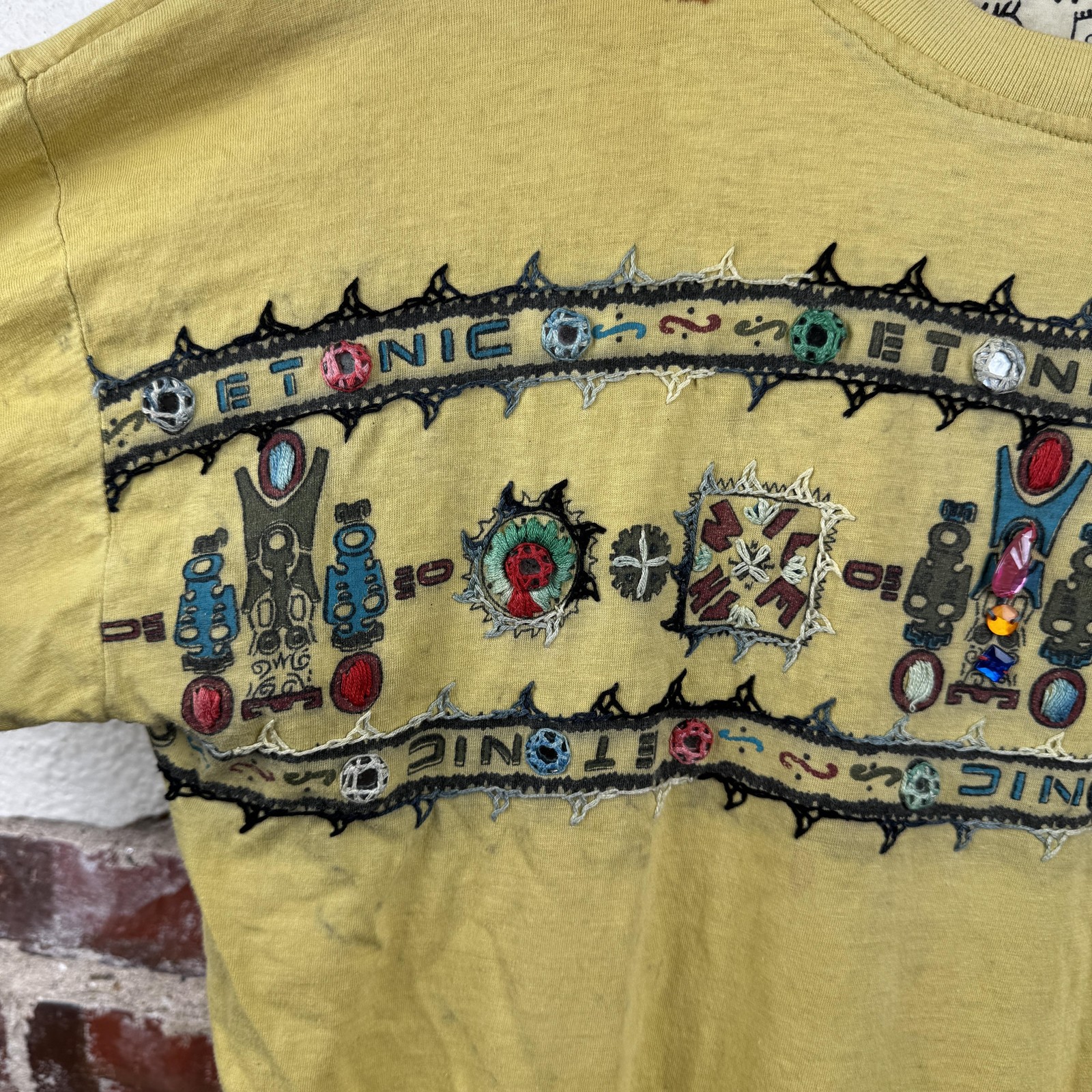 Vintage 2 Of Us Shirt Size Medium Yellow Ethnic Beaded Embroidered Boho 90s gallery
