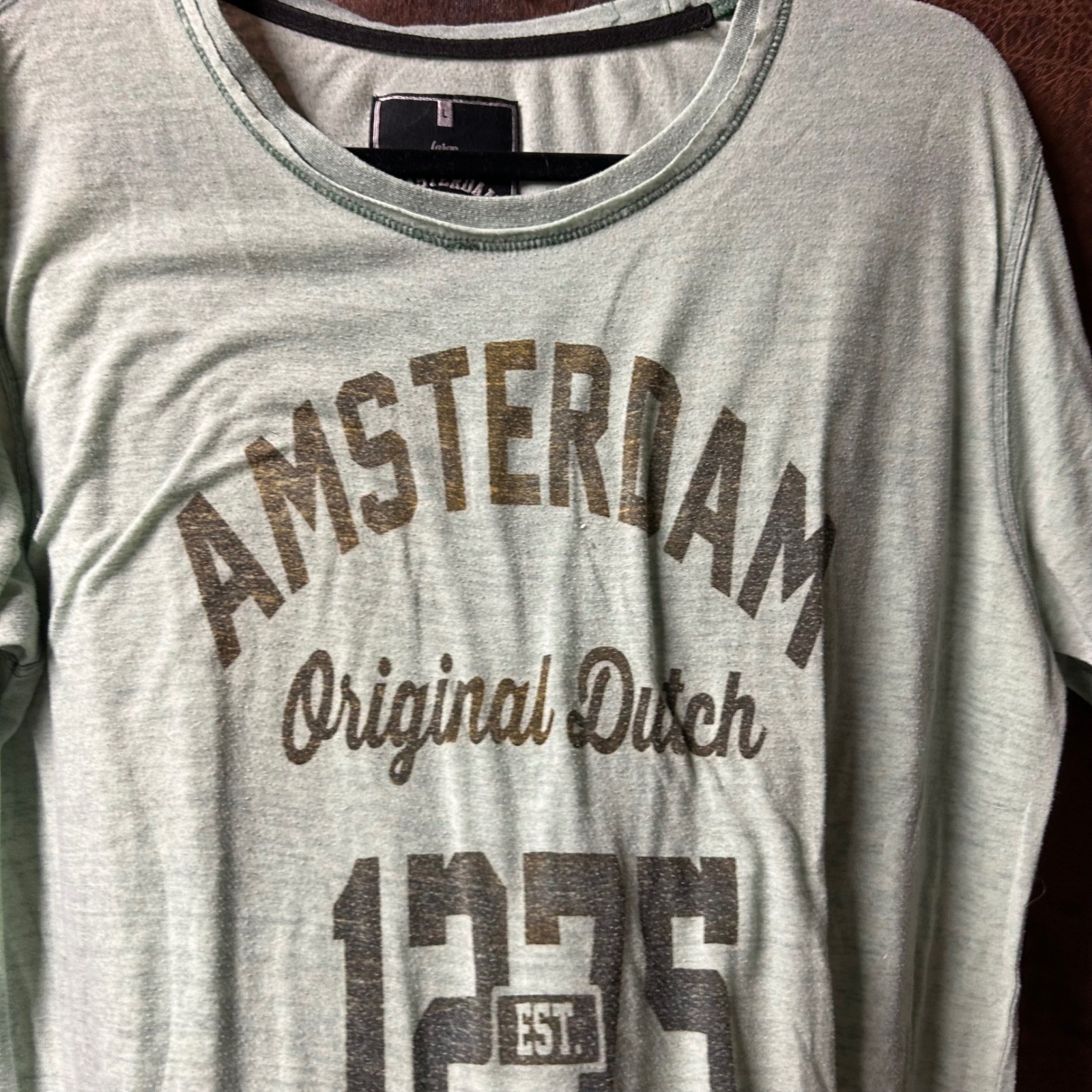 Amsterdam Industry Dutch Denim Short Sleeve Raw Hem Large Green Semi-Sheer Top gallery