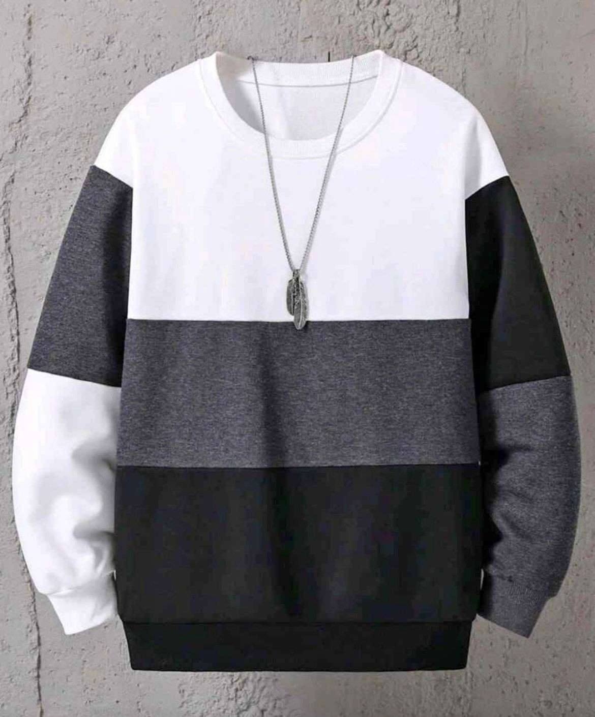 Men’s Color Block Sweatshirt – White, Gray & Black Casual Pullover Top gallery