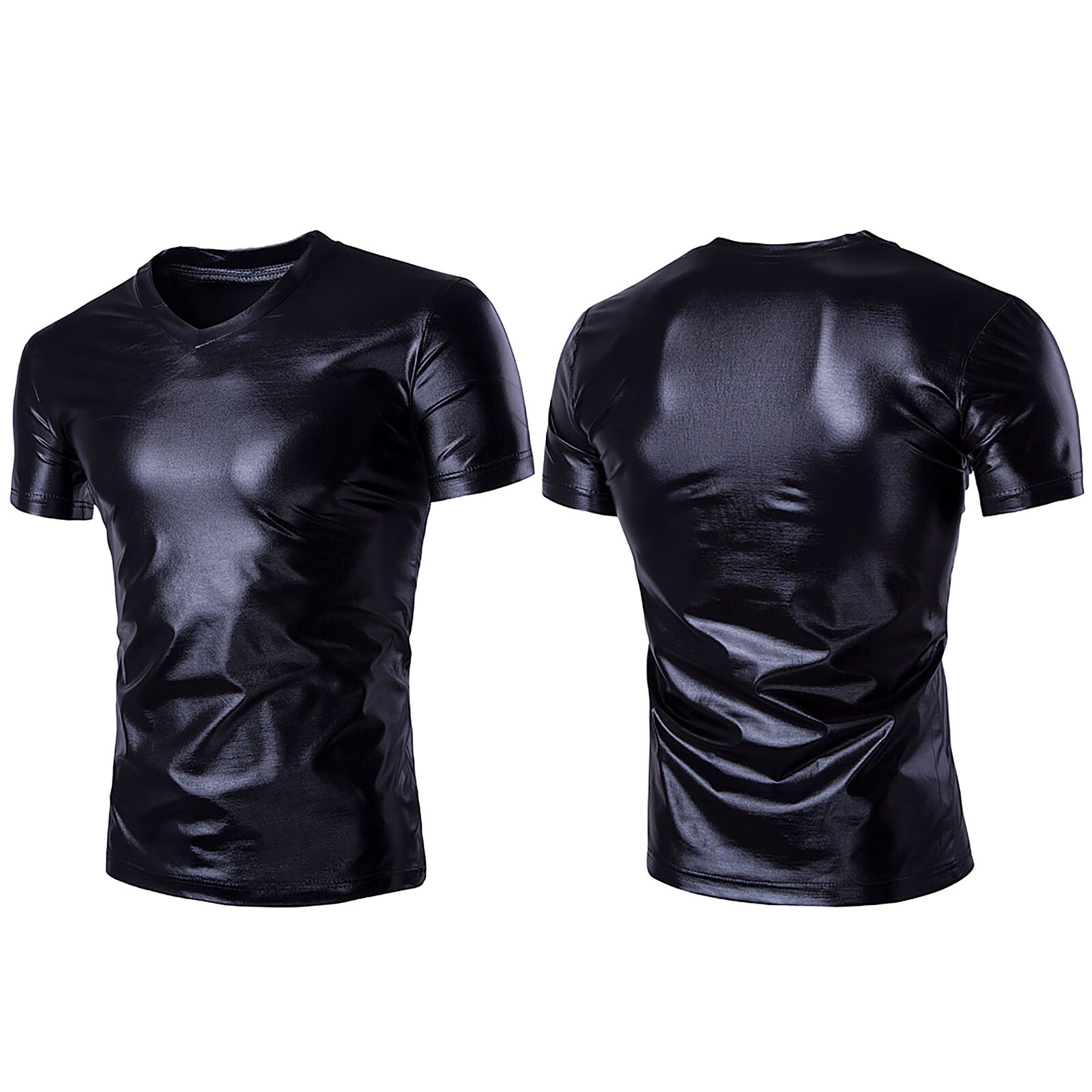 US Men Slim Shiny Costume Short Sleeve V Neck T-Shirt Metallic Wet Look Shirts gallery