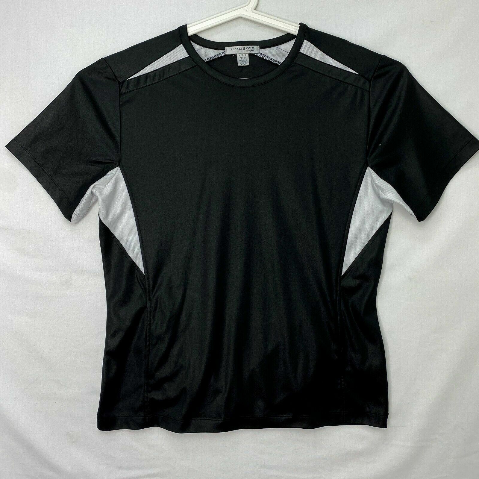 Kenneth Cole New York Mens Large Shirt Black Stretchy Knit White Mesh Pockets gallery