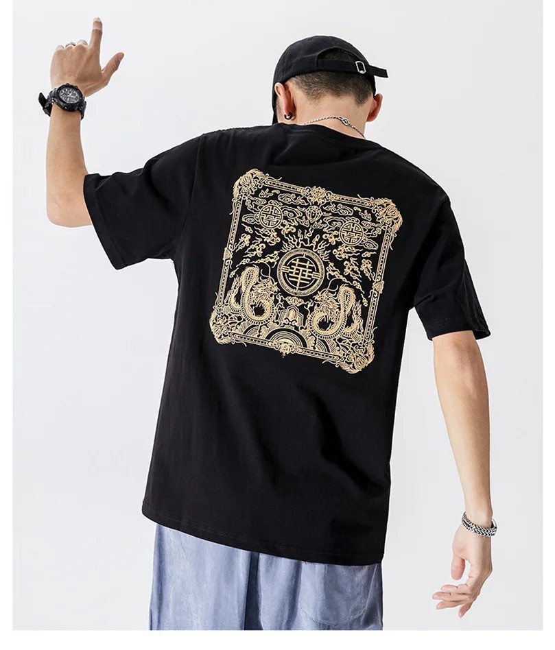 Men Embroidered Dragon T Shirt Chinese Style Streetwear Crew Neck Summer Tee Top gallery