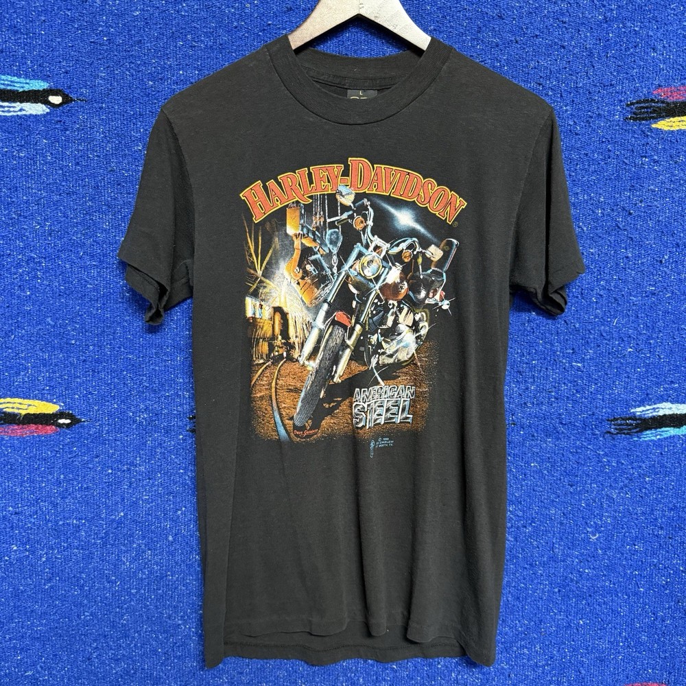 3-D Emblem Harley-Davidson American Steel Black T-Shirt Vintage Large