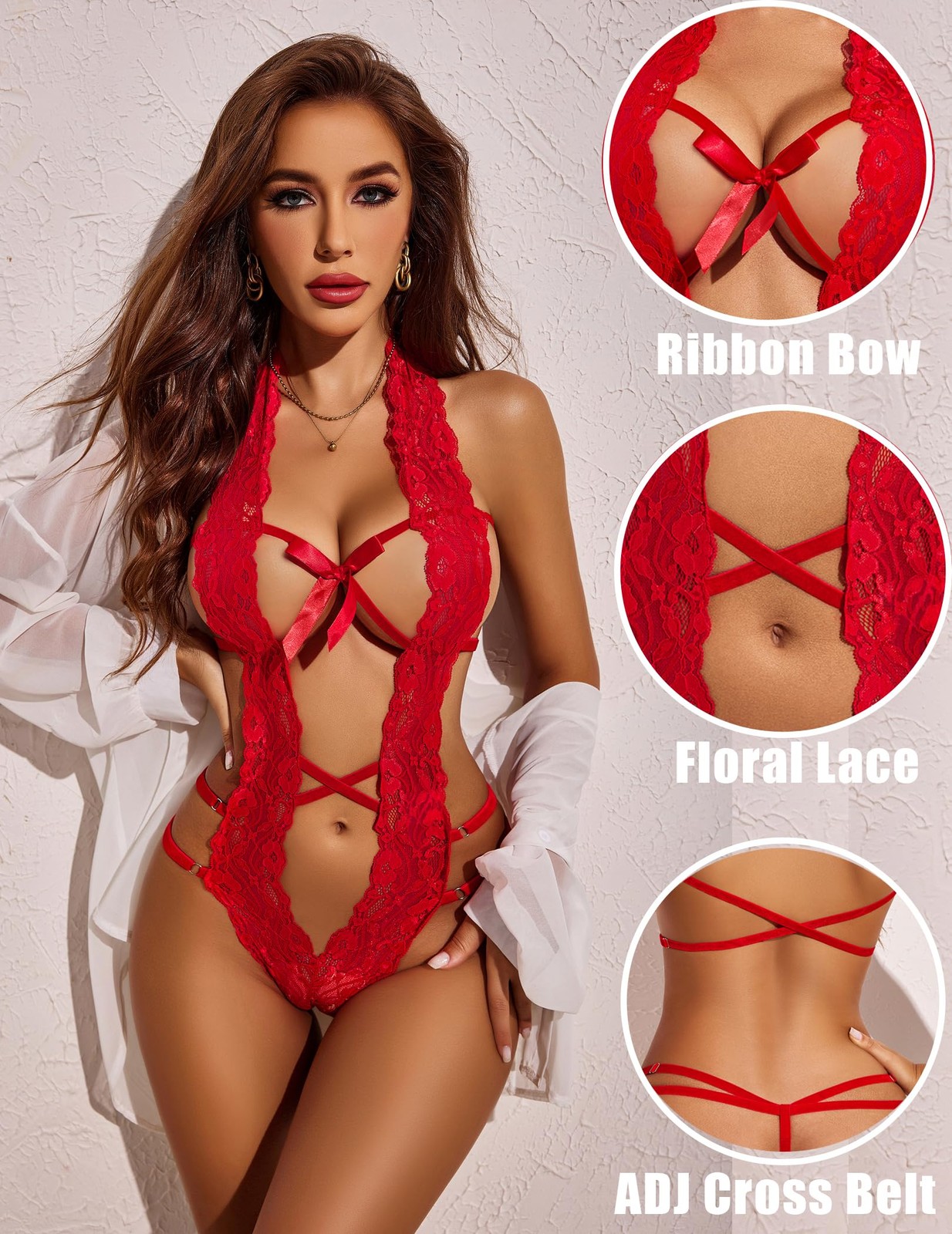 Women Deep V Halter Lingerie Teddy One Piece Bodysuit Lace Babydoll (X-Large,... gallery