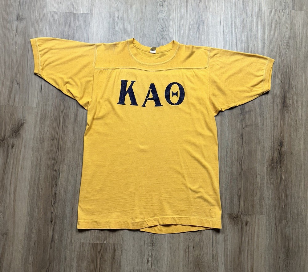60s VINTAGE Kappa Alpha Theta Fraternity Yellow Cotton Jersey Shirt Size Medium