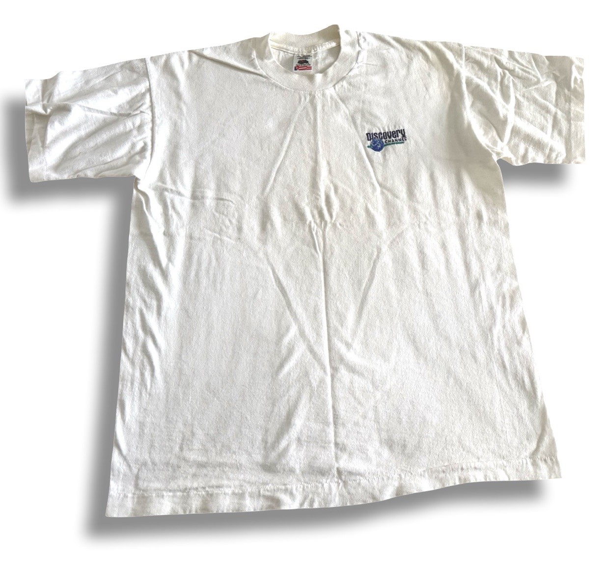 Vintage 90s Discovery Channel Adult Large TV Promo White Graphic Logo T-Shirt
