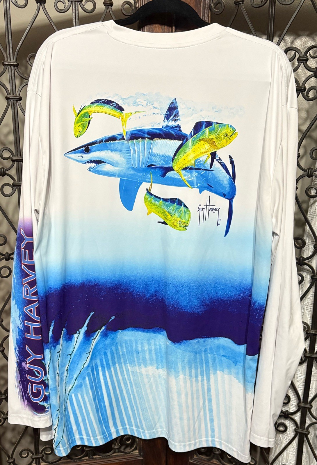 VINTAGE Guy Harvey Compression Shirt Size XXL Shark All Over Print Long Sleeve gallery