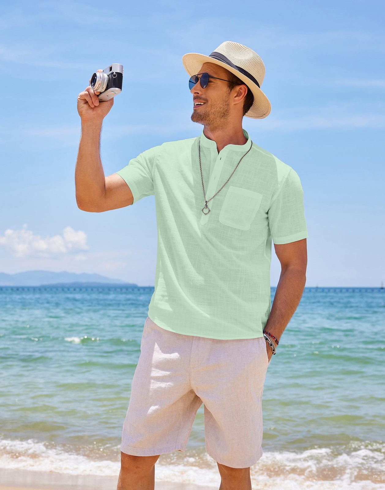 Men's Casual Cotton Linen Henley Shirts Beach with Pocket Light Green 3XL gallery
