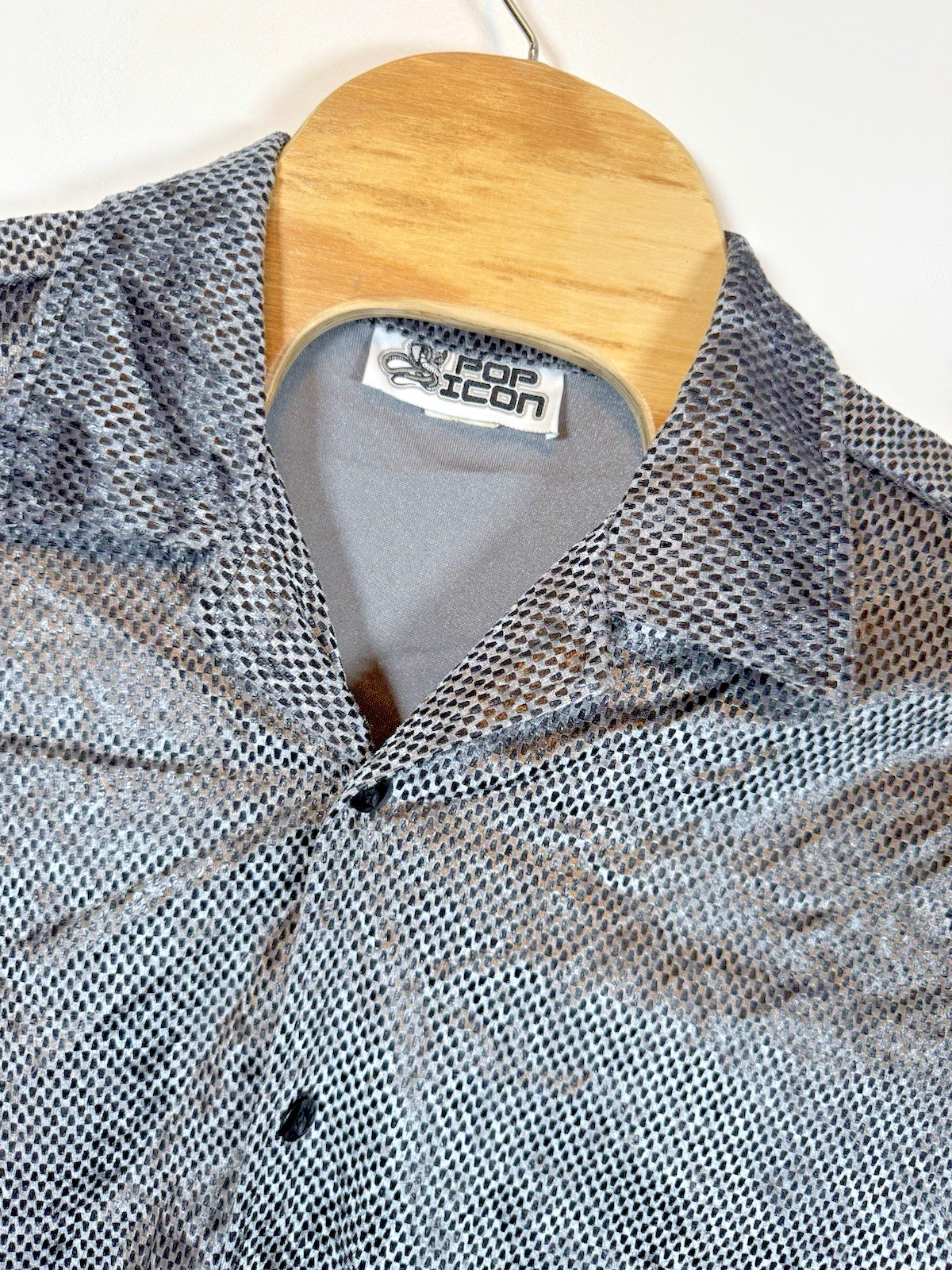 Vintage 90s Pop Icon Men Large Made in the USA Silver Textured Velour S/S Shirt gallery