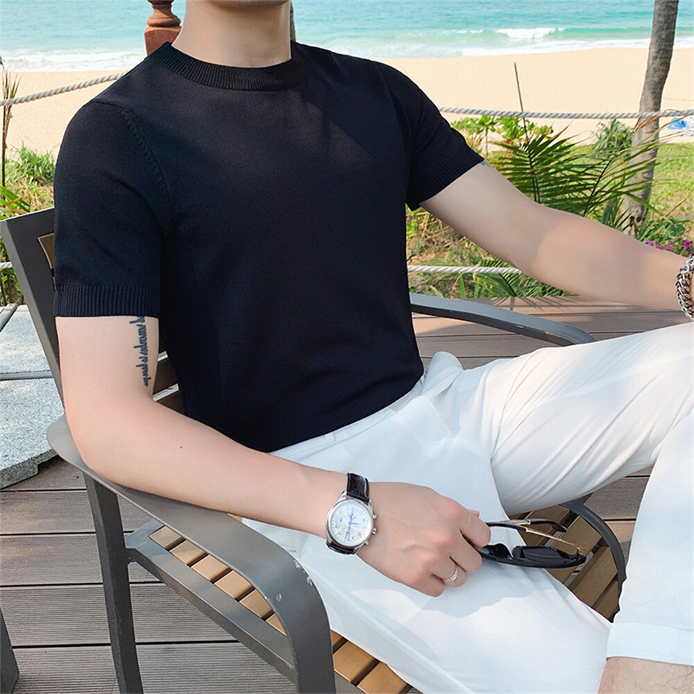 Men’s Knitted Short Sleeve T-Shirt Classic Casual Slim Round Neck Shirts