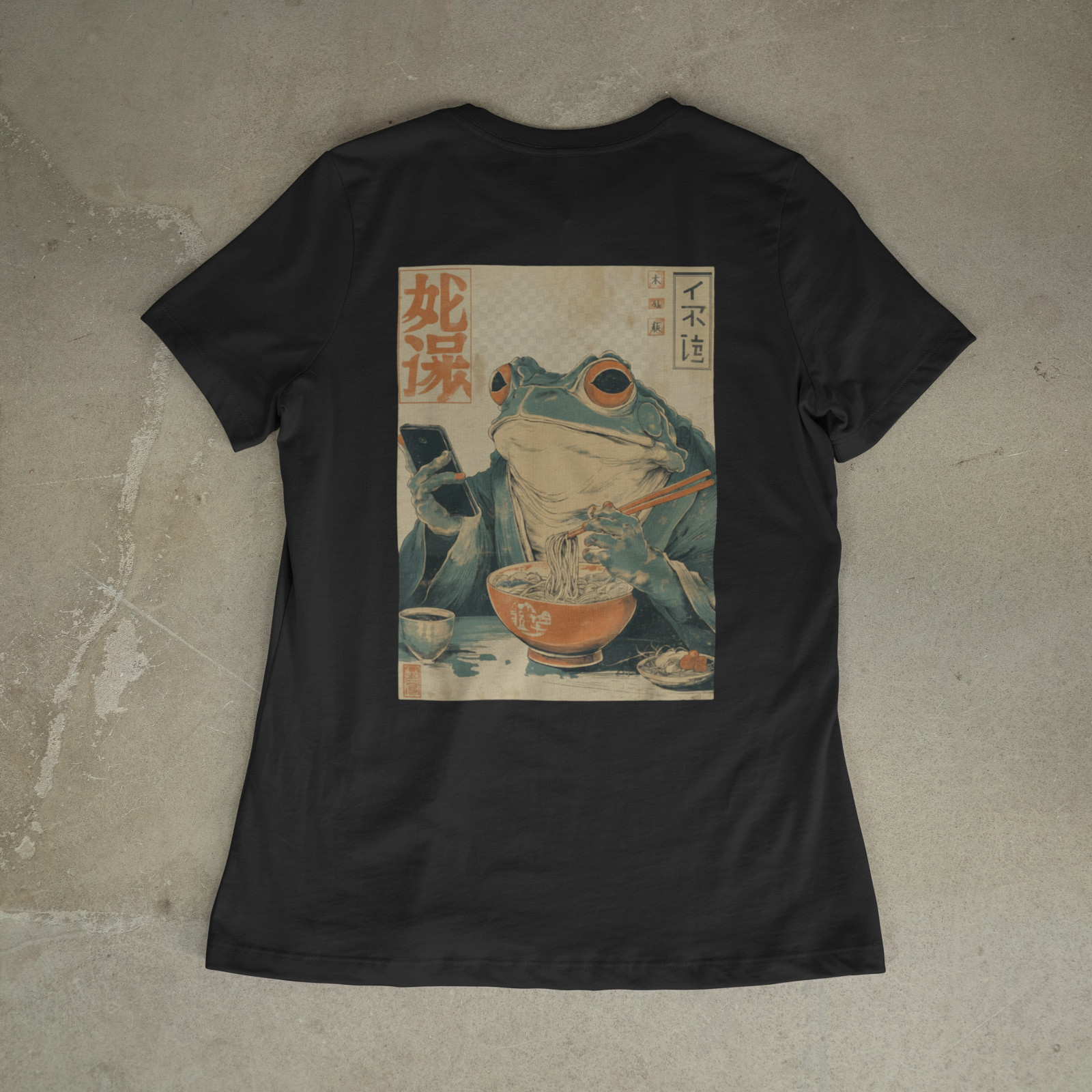 Japanese Art Grumpy Frog Ramen Noodles Phone Scroll Funny Graphic Tee Back Print