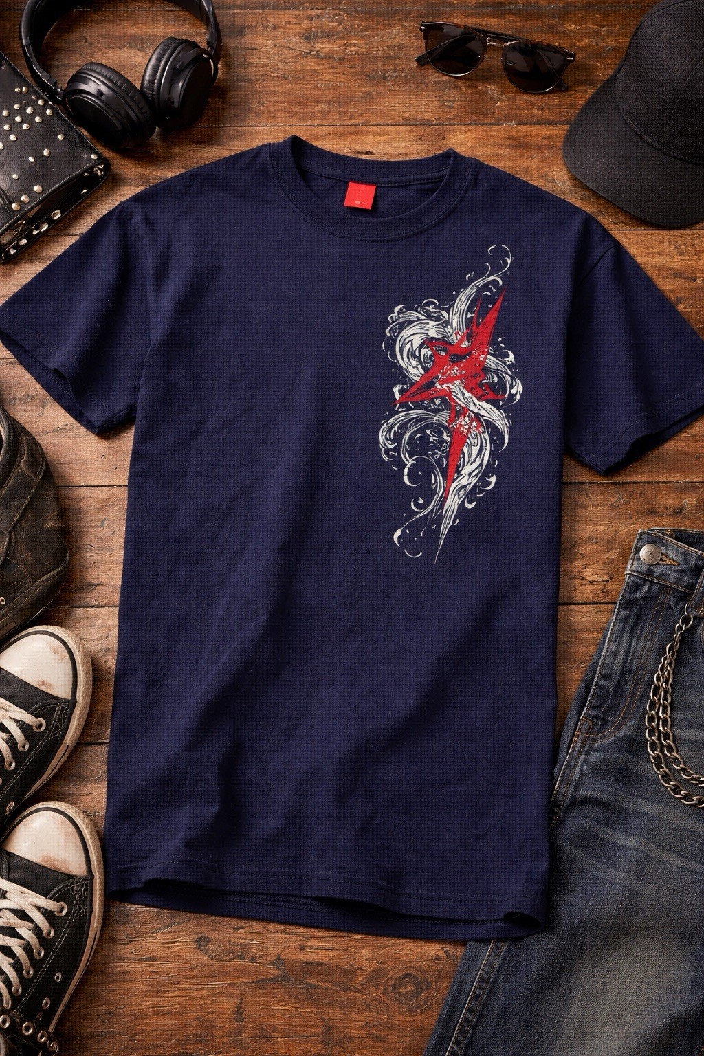 Y2K Tattoo Graphic Tee Mens M Navy Grunge Streetwear Skater Goth Punk Shirt gallery