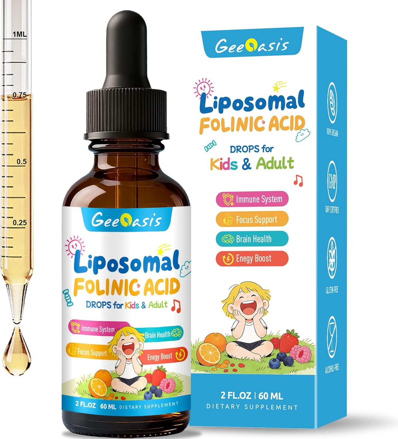 Liquid Folinic Acid & Methylfolate Drops for Kids, Folic Acid Supplement with Me