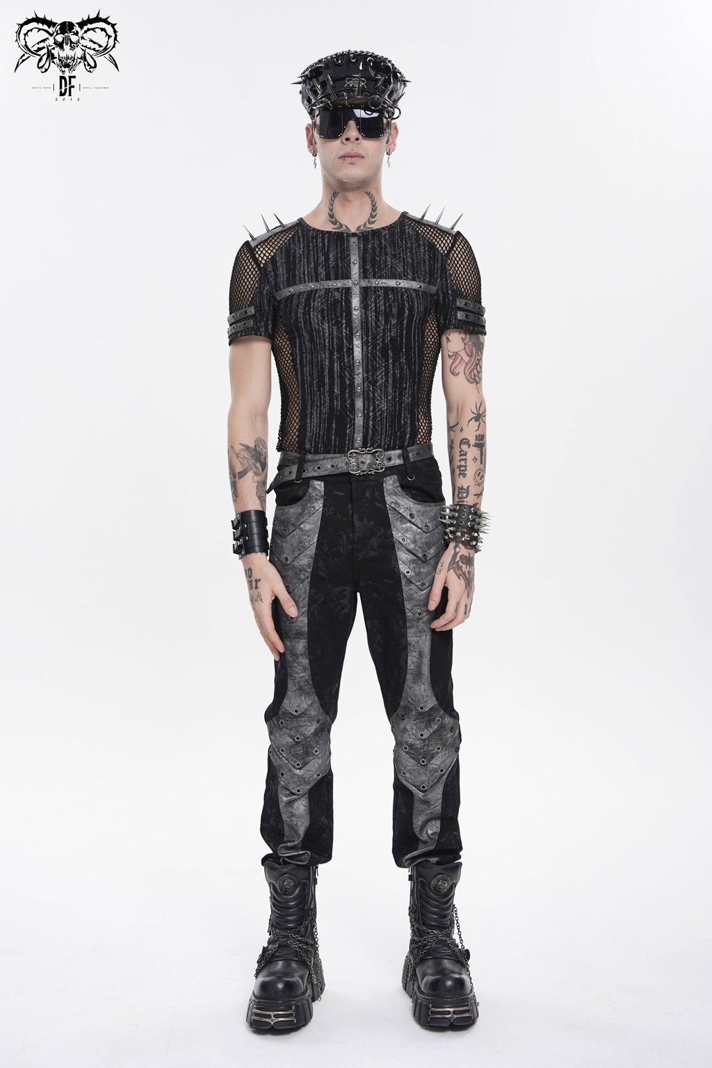 Devil Fashion Men Black Gothic Punk Spiked Mesh Splice T-Shirt Short Sleeve Tee gallery