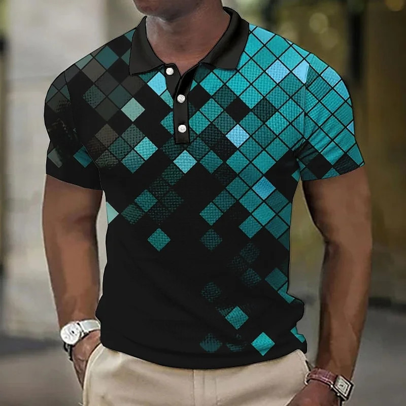 Color Geometry Pattern Polo Shirt For Men Grid Splicing 3D Print Tees Summer Ca gallery