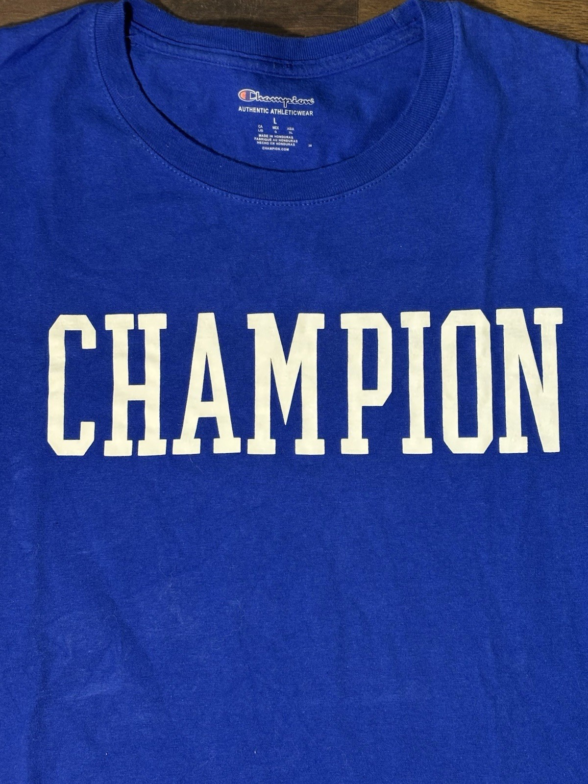 Champion Authentic Men’s Large Blue Spell out T-shirt Embroidered Logo gallery