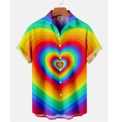 Mens Button Down Rainbow Psychedelic Heart Hawaiian Top Summer Gift Shirt