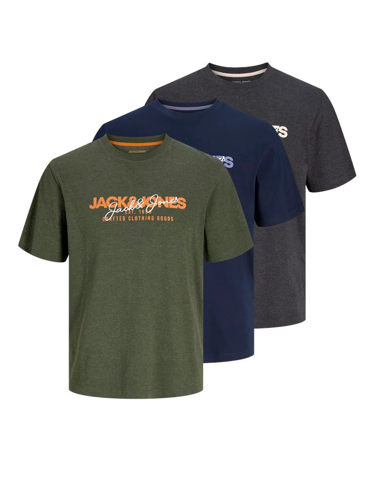 Jack & Jones 3 Pack JJALVIS Crew Neck T-Shirts – Green/Blue/Charcoal