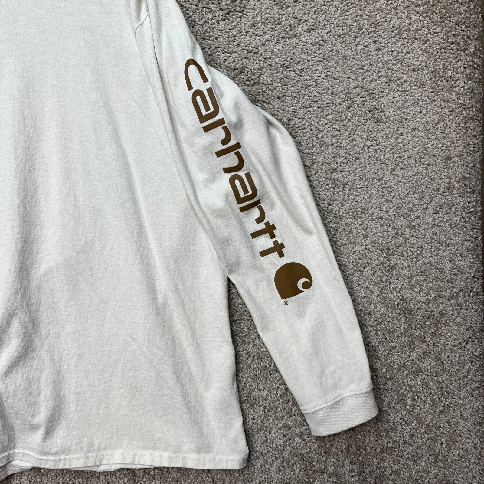 Carhartt T-Shirt Men XL Cream Long Sleeve Loose Fit Graphic Sleeve Crew Neck EUC gallery