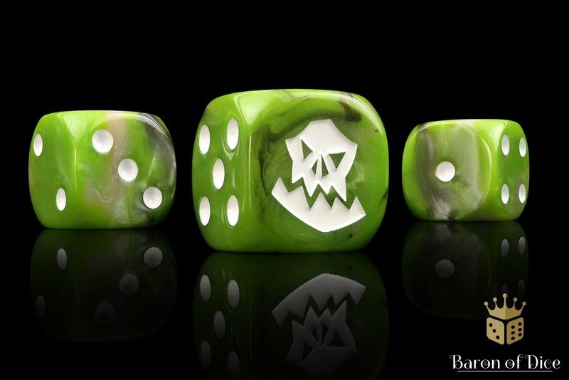 Orc Wargaming Dice - Resin D6s - Green with White Symbols