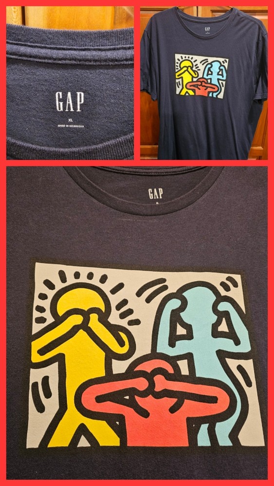 Keith Haring x Gap Hear See Say No Evil Pop Street Art Soft Comfy T Shirt XL