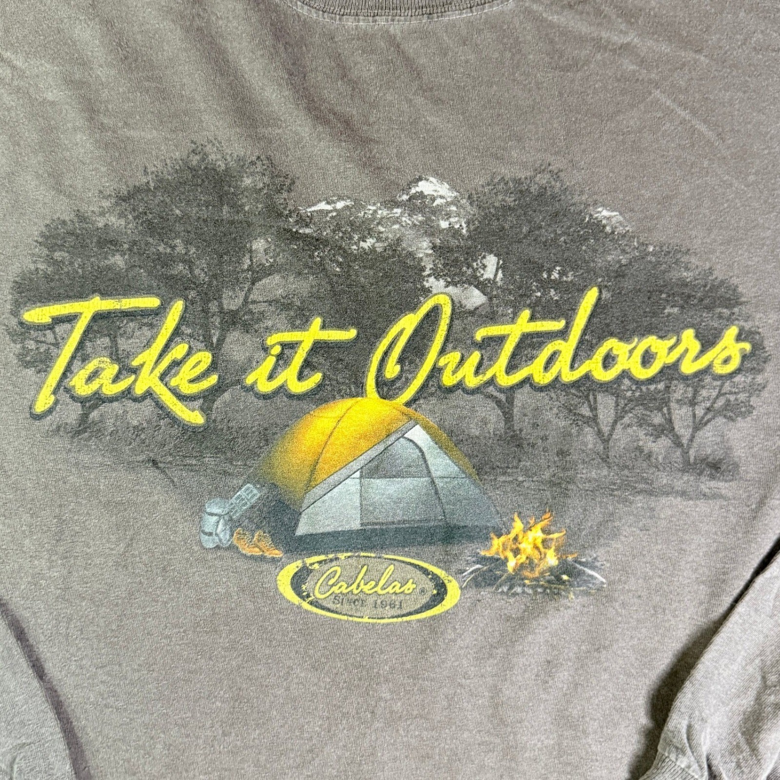 VTG Cabelas Long Sleeve T Shirt Take it Outdoors Camping Graphic Tee Mens Large gallery