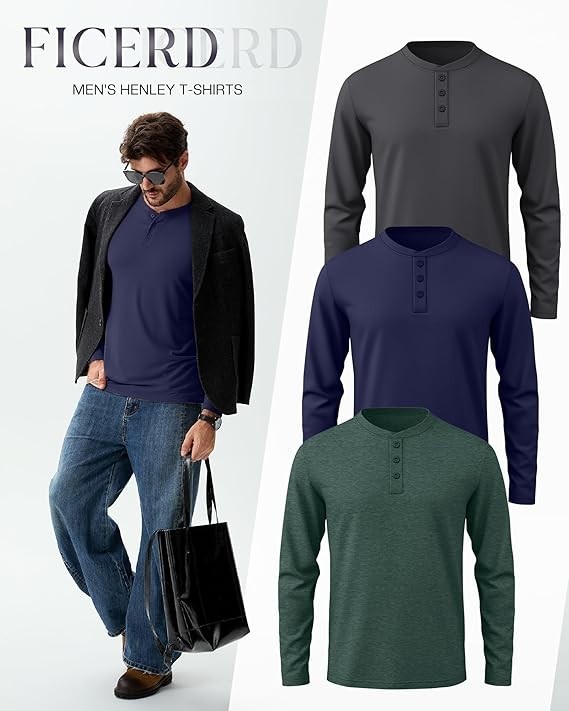 Ficerd Henley 3 Pack Men's Big & Tall Henley T-shirts Long Sleeve Plus Size Cot gallery
