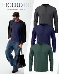 Ficerd Henley 3 Pack Men’s Big & Tall Henley T-shirts Long Sleeve Plus Size Cot