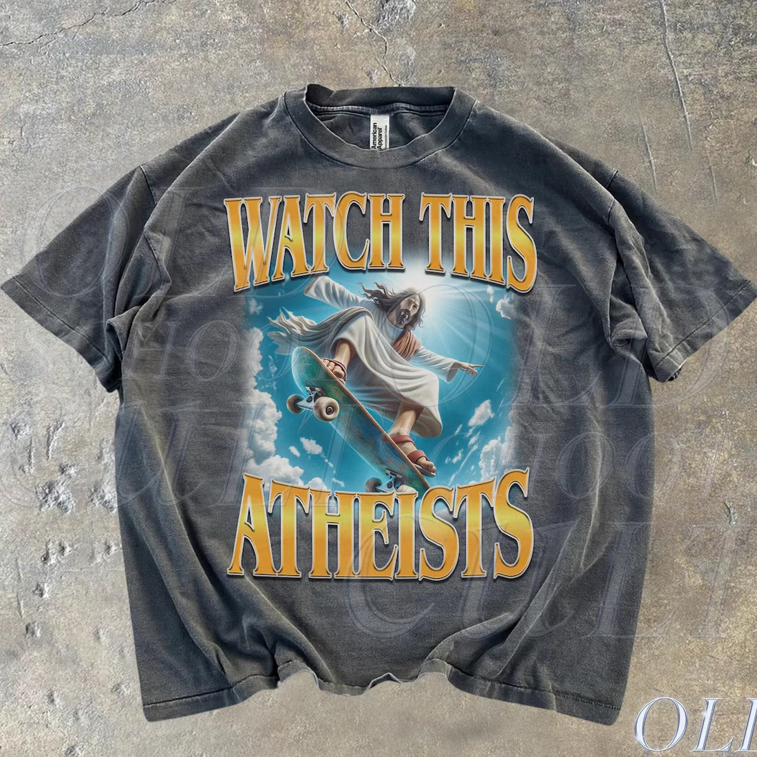 Watch This Atheists Vintage Graphic T-Shirt, Retro Jesus Skateboarding Meme