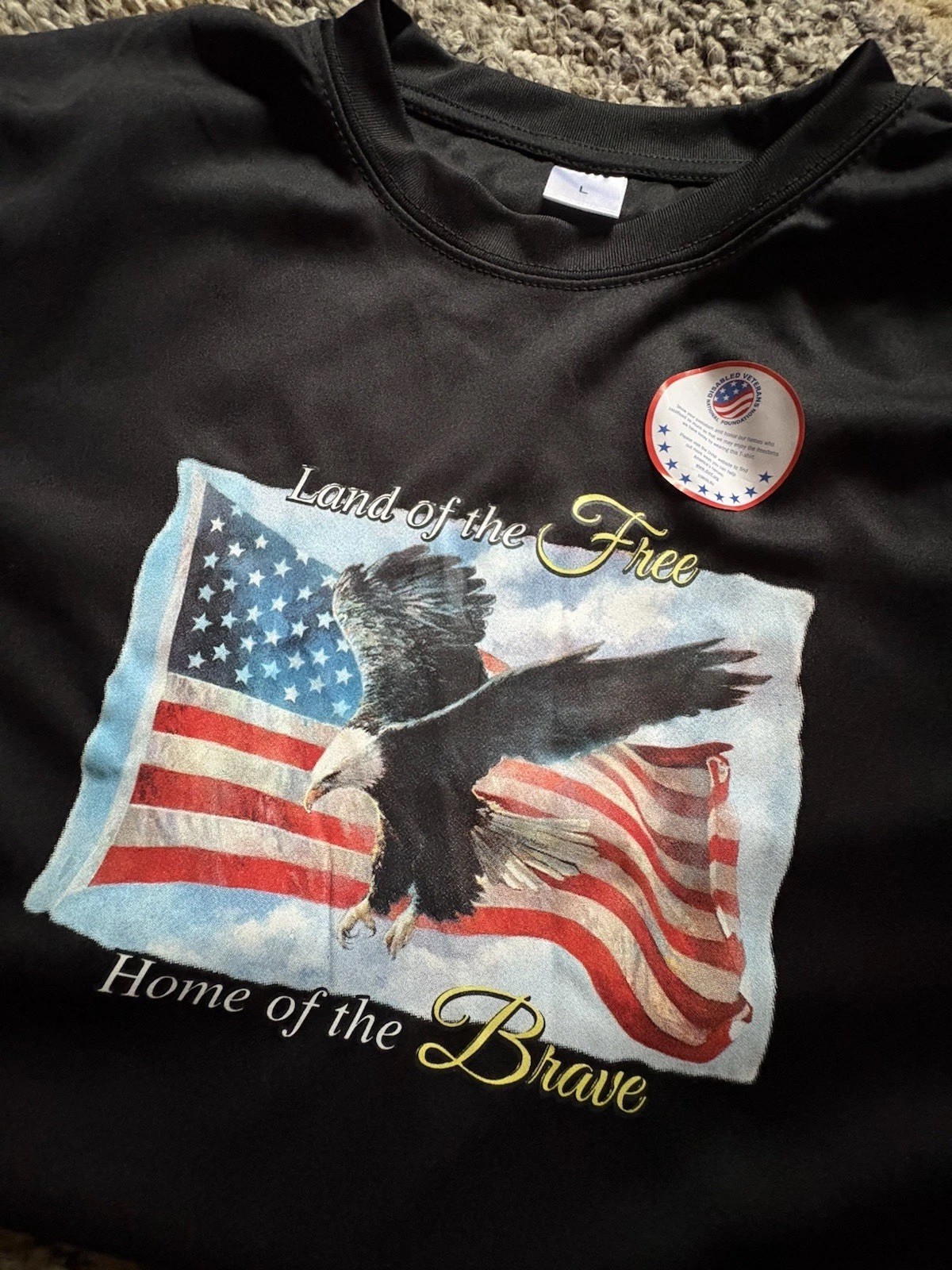 LAND OF THE FREE HOME OF THE BRAVE BLACK LARGE POLYESTER TSHIRT/DISABLED VETERAN