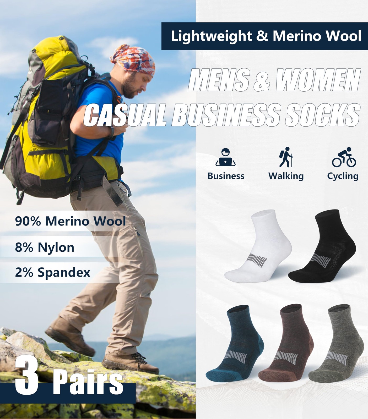 3 Pairs Merino Wool Socks for Men Business Casual Wool Ankle Thin Hiking Runn... gallery