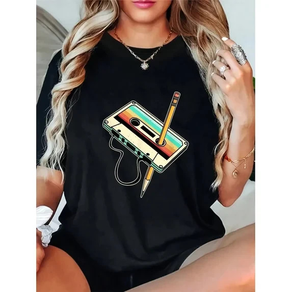 Retro Vintage 80s 90s Music Lover Cassette Tape and Pencil Shirt, Funny Nostalgi gallery