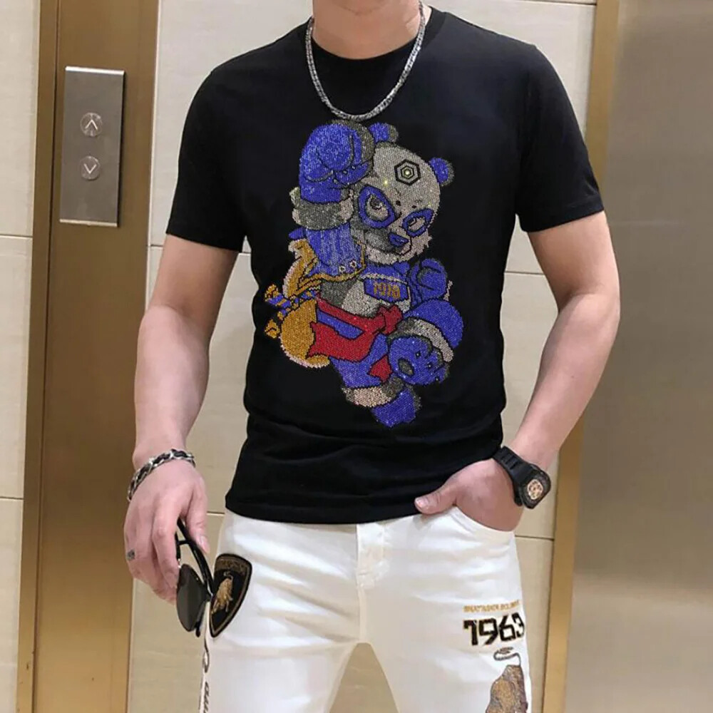 New Fashion Rhinestones Bear Short Sleeve Luxury Men Black White T-Shirt gallery