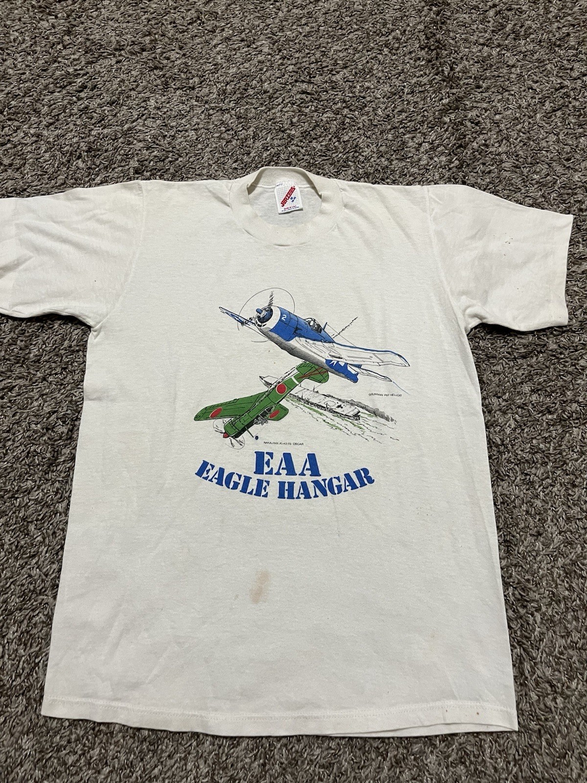 Vintage 80’s Single Stitch EAA Eagle Hanger Fighter Jet White T Shirt Size Small gallery