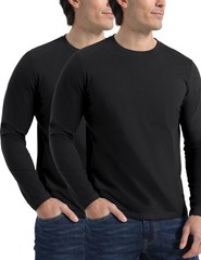 Men’s 2 Pack Long Sleeve Soft Casual Cotton Crew Neck Shirts (Black, XXL)