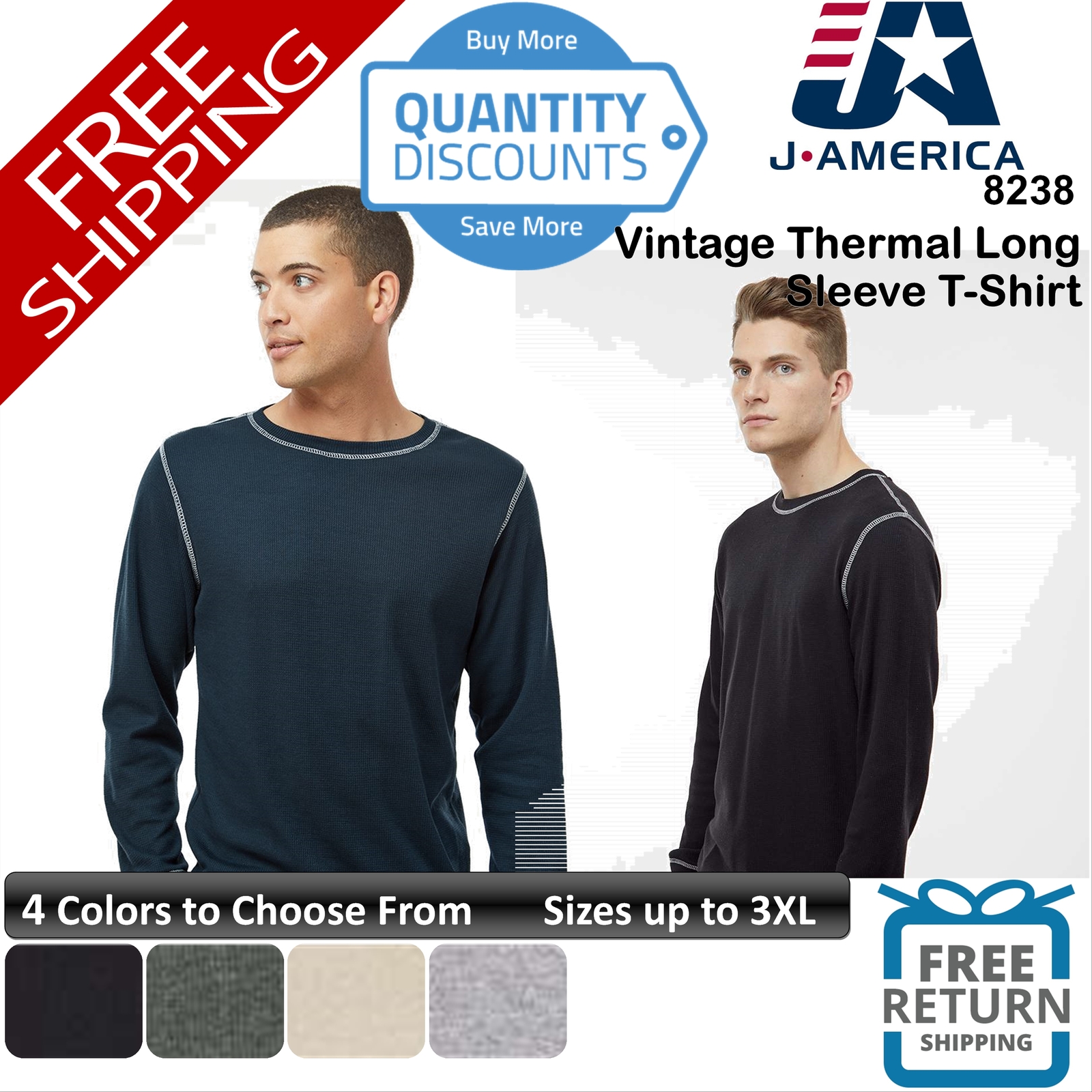 🔥 J. America Men Vintage Thermal Long Sleeve T-shirt Blend Up To 3XL 8238