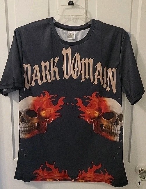 Double-Sided DARK DOMAIN & FLAMES, SKULLS Black Halloween Adult XL T-Shirt gallery