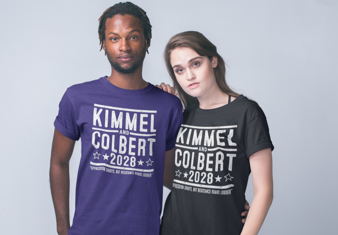 Kimmel and Colbert 2028 Election Campaign Dream Liberal Duo Xs-5x Unisex Tshirt gallery