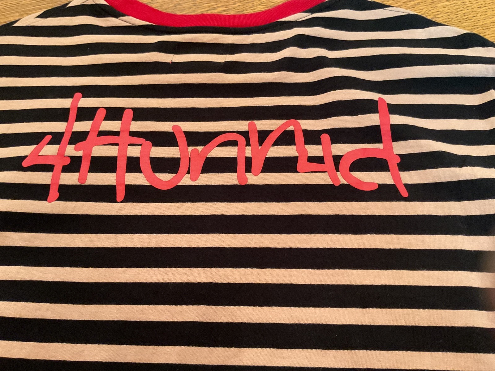 4 HUNNID khaki & black stripped L tee w/red crew neck collar and shirt emblem gallery