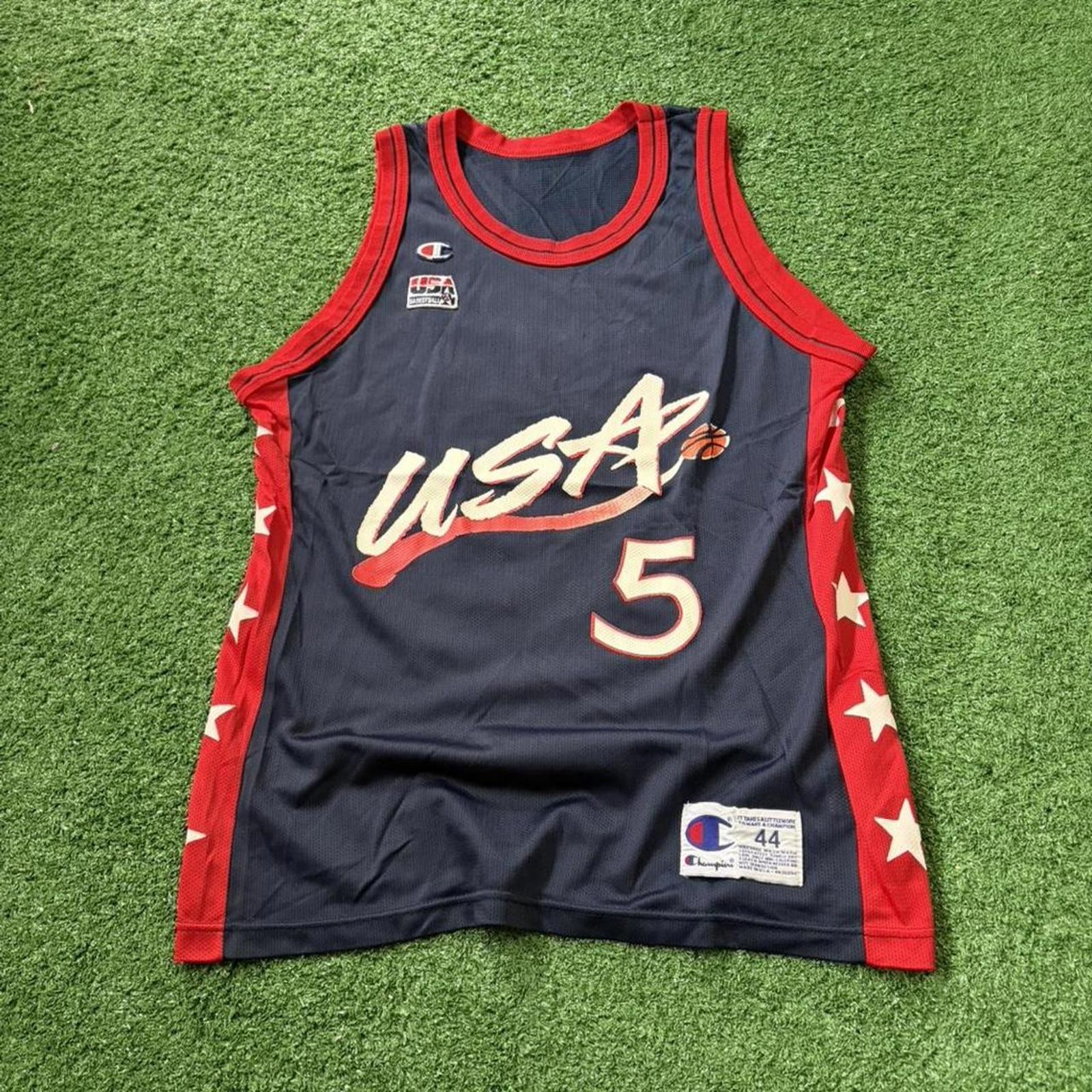 Vintage USA Grant Hill 5 Champion Basketball Jersey 90s Navy 44 M Mesh NBA Red