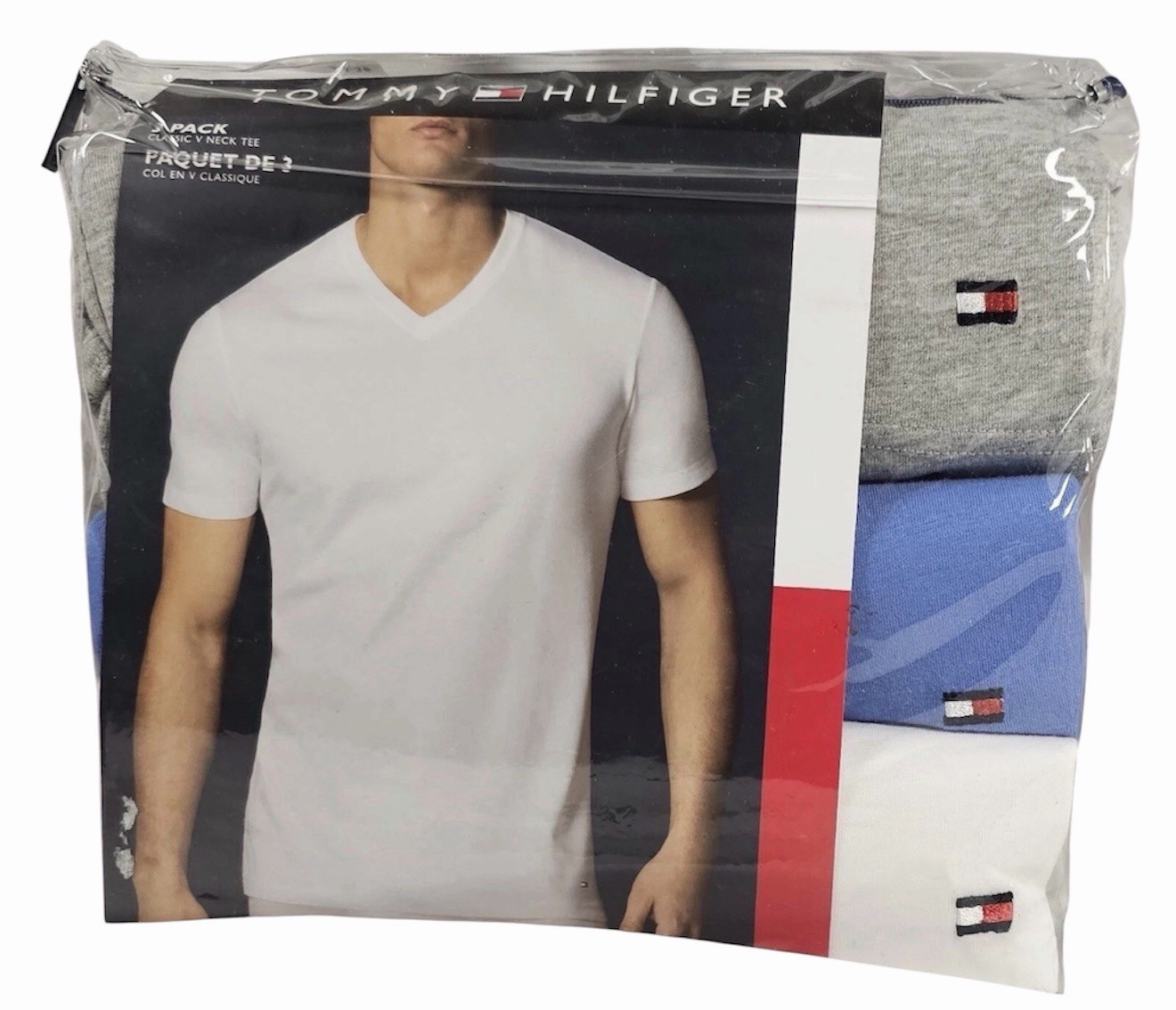 Tommy Hilfiger 3 Pk Classic V-Neck T-Shirts Gray Blue White Cotton Size large gallery