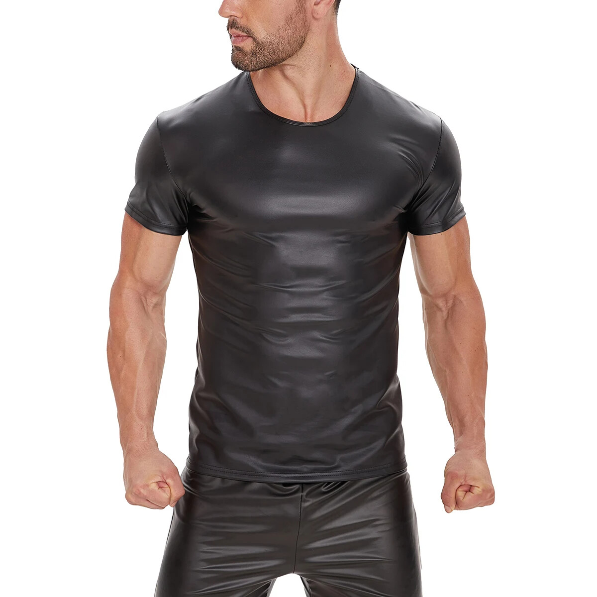 Men Soft Matte Leather T-Shirt Stretch Shiny Leather Vest Gym Crew Neck gallery